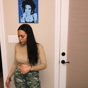 Long sleeve tan suede crop top